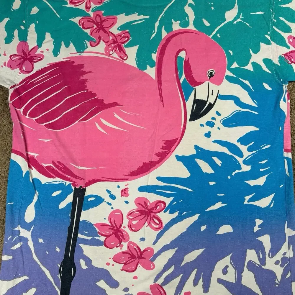 Vintage 90s Flamingo Tropical T-Shirt Colorful Graphic Tee Size L Pre owned